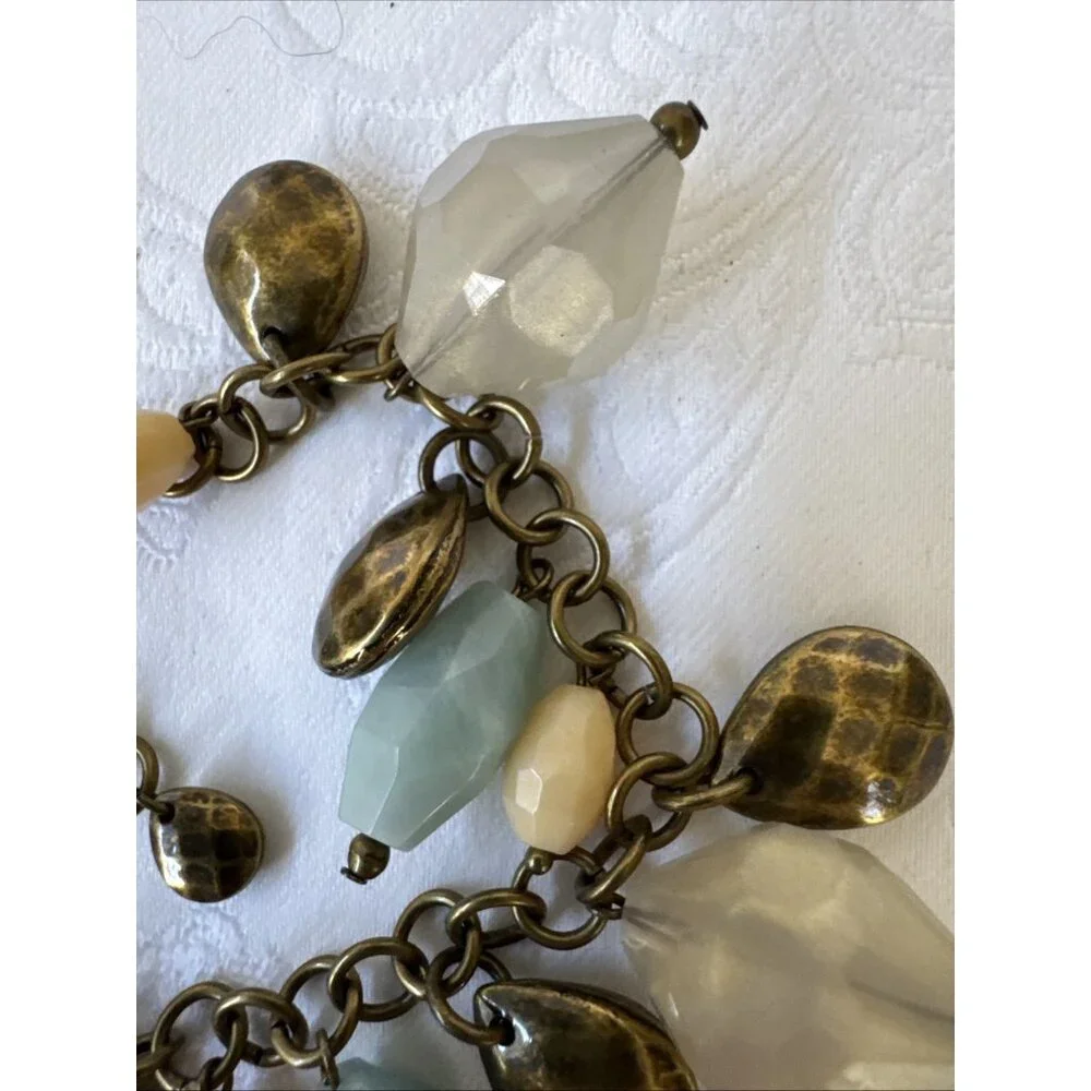 Premier Designs Beaded Charm Bracelet Blue Cream Dark Goldtone 8.5